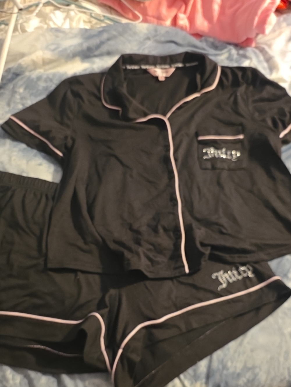 Juicy Couture Black Short Pajama Set with Pink Trim